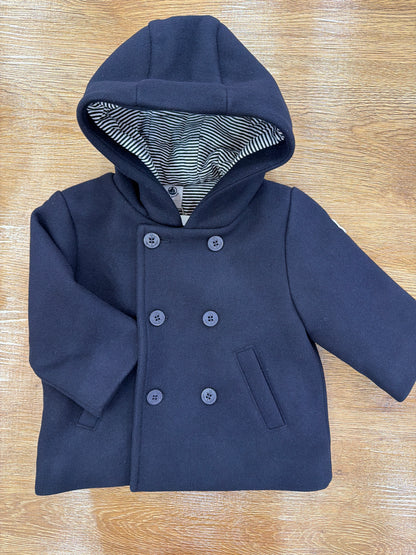 Cappotto Petit Bateau blu scuro con tasche bottoncini e cappuccio interno a righe