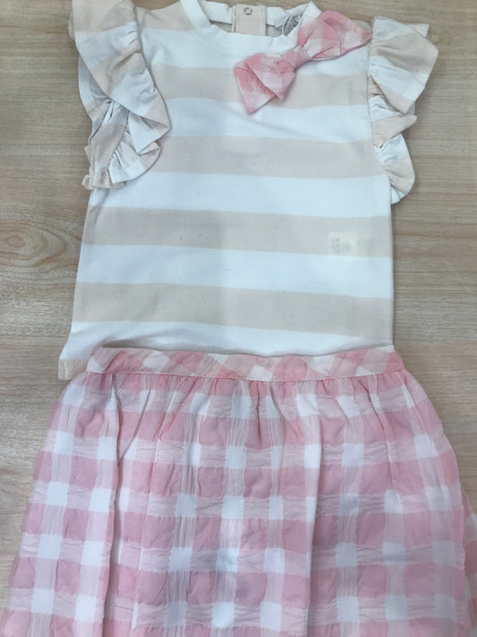 Completo Coccodè in cotone t-shirt smanicata a righe con rusche con fiocchetto laterale gonna a quadretti bianchi e rosa
