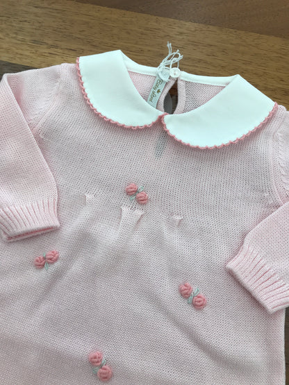 Tutina Baby Lord in filo rosa manica lunga con rose corallo ricamate sul davanti