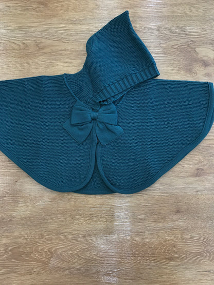 Mantella Baby Lord in lana verde scuro con cappuccio e fiocchetto sul davanti