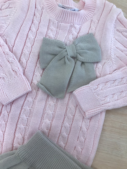 Completo Bebè di Almy in filo maglioncino rosa con trecce manica lunga con fiocchetto con gonnellina plissettata