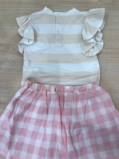 Completo Coccodè in cotone gonna a quadretti con t-shirt beige bianca a righe con rusche con fiocchetto laterale