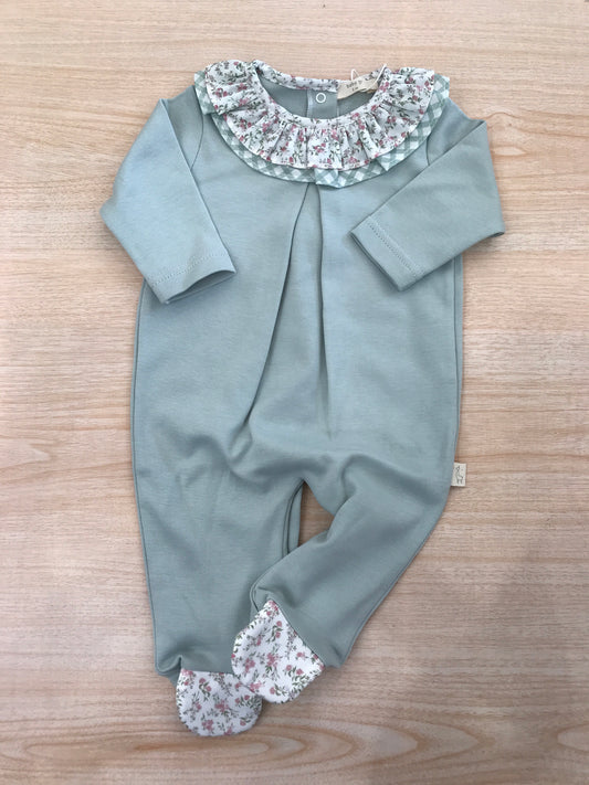 Tutina Baby Gi in cotone manica lunga gamba lunga con piedini decorati con fiori collo con doppia rusche a quadretti e floreale