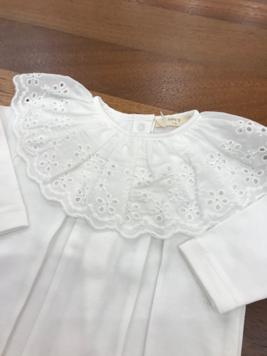 Tutina Baby Gi in cotone panna manica lunga gamba lunga con collo con rusche in san gallo