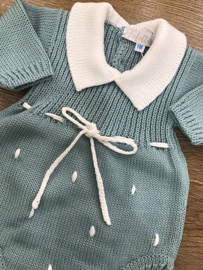 Pagliaccetto Fofettes in lana con colletto bianco e pois ricamati sul davanti