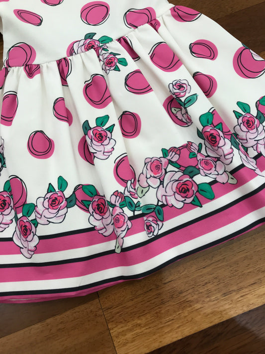 Abito Byblos di base bianco con fiori e pois rosa mezza manica senza colletto con gonna ampia