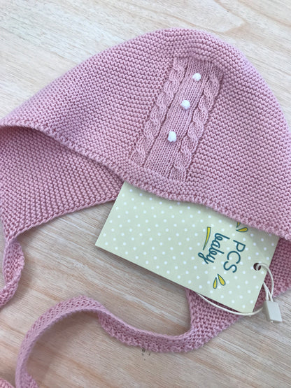 Cuffia PCS in filo rosa con pois in rilievo bianchi e trecce