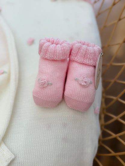 Coordinato nascita Baby Lord in pura lana con rossellina in rilievo con copertina  e salopette completo di cappello e babbucce