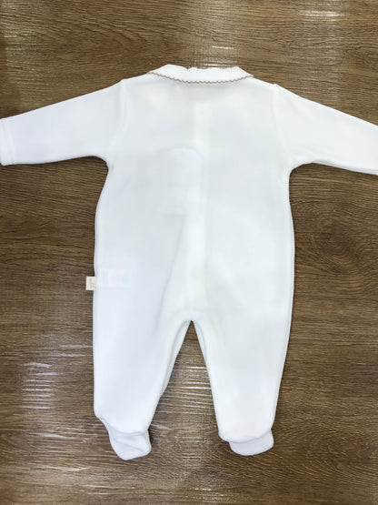 Tutina Baby Gi in ciniglia intera panna rifinita tortora con orsetto ricamato