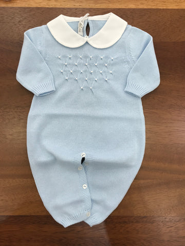 Tutina Baby Lord in filo manica lunga celeste con lavorazione di punto smock bianco sul petto