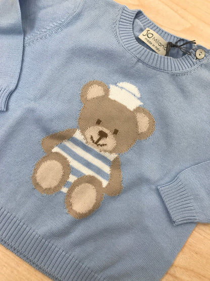 Maglione Jo Milano in filo celeste con orsetto marinaretto sul davanti
