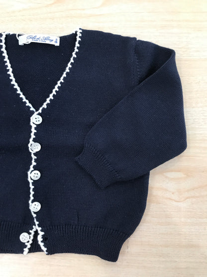 Cardigan Bebè di Almy in filo di cotone blu scuro rifinito in bianco