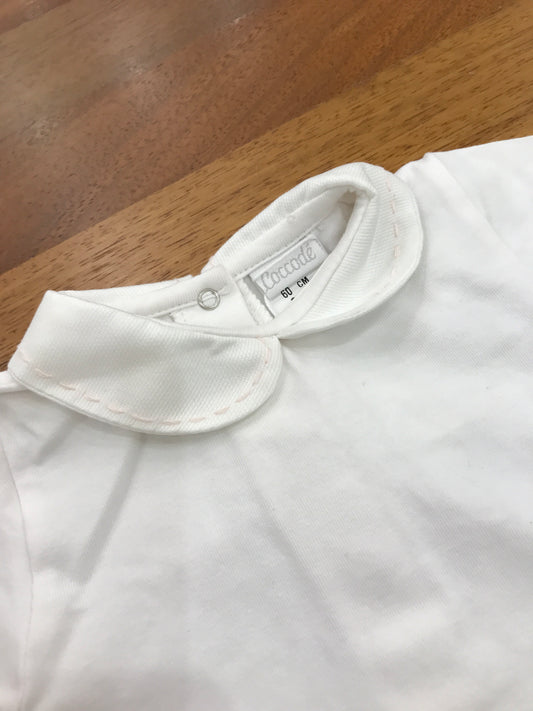 Body Coocodè in cotone mezza manica con collo ricamato a tratti in rosa