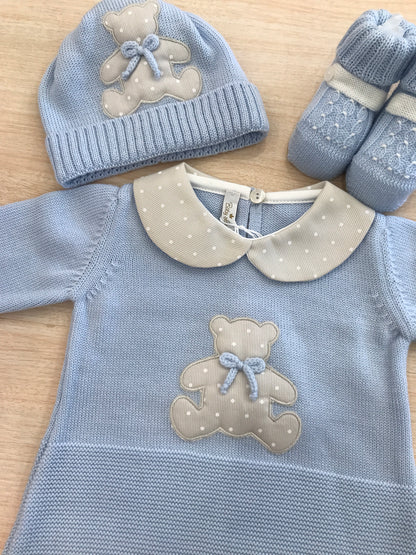 Tutina Baby Lord in lana celeste intera con colletto tortora e pois bianchi ed orsetto centrale