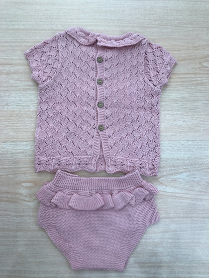 Completo PCS in filo due pezzi rosa antico con lavorazione a maglia mezza manica con rusche al colletto e culotte abbinata e lavorata