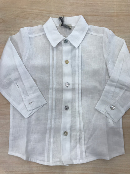 Camicia Jo Milano in lino bianco manica lunga con pieghe sul davanti e bottoncini madreperla