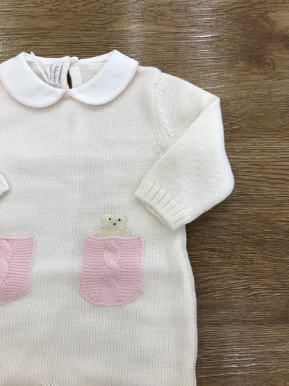 Tutina Baby Lord in lana intera panna con taschine rosa ed orsetto che fuoriesce