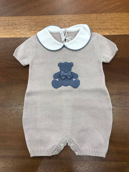 Pagliaccetto Baby Lord in filo tortora mezza manica collo tondo bianco con orsetto avio centrale