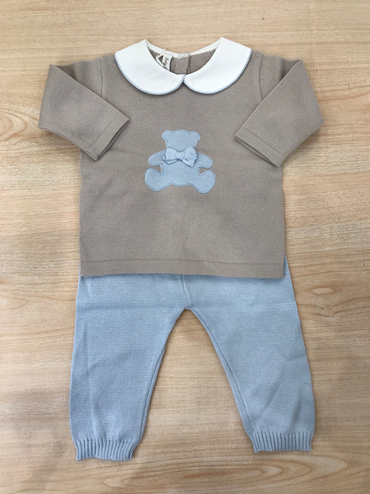 Tutina Baby Lord due pezzi in filo manica lunga tortora con orsetto e fiocchetto sul davanti pantalone celeste