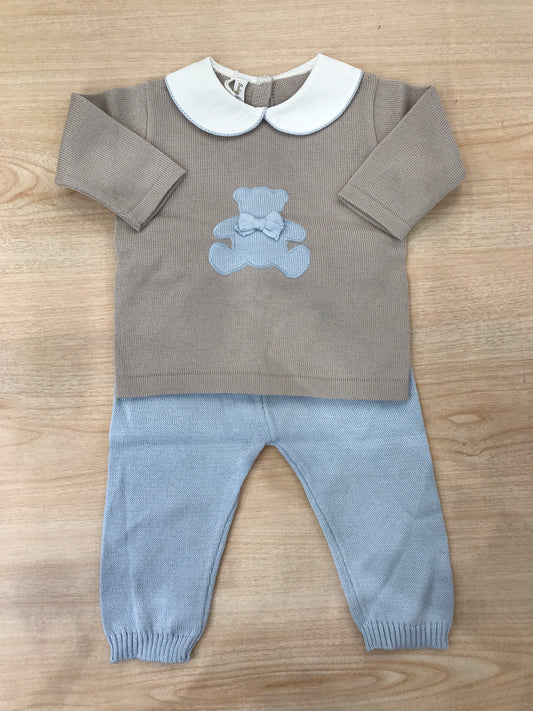 Tutina Baby Lord due pezzi in filo manica lunga tortora con orsetto e fiocchetto sul davanti pantalone celeste