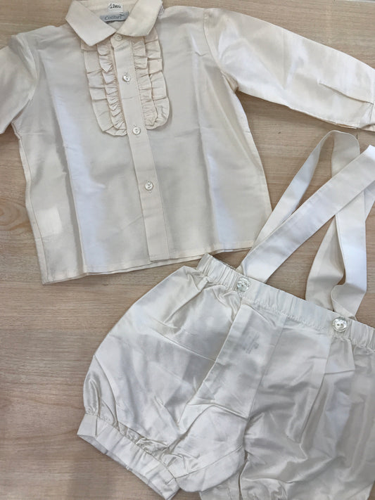 Completo Colibrì camicia manica lunga con rusche al centro e salopette a sbuffo con bretelle