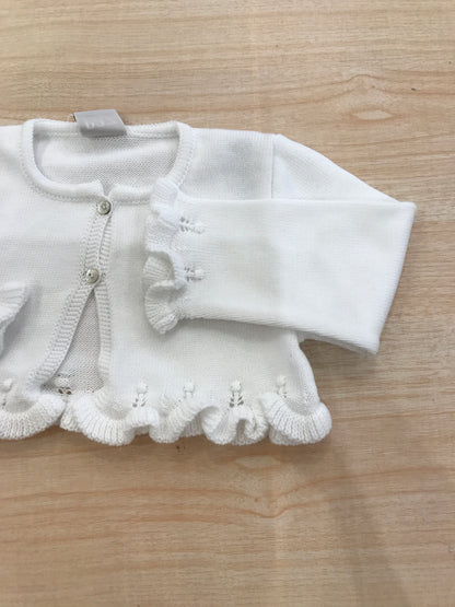 Cardigan Paz Rodriguez in filo bianco con rusche ai bordi e pois in rilievo tono su tono con due piccoli bottoncini