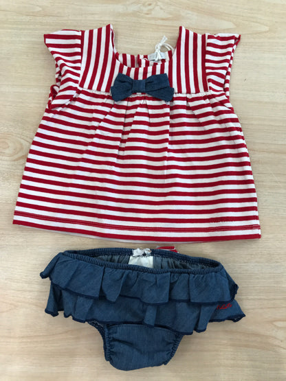 Completo Nanan t-shirt smanicata a righe rosse e bianche con culotte con rusche blu con fiocco sul retro