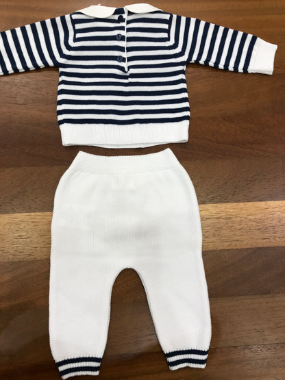 Completo Nanan due pezzi in filo a righe bianco e blu con orsetto sul colletto