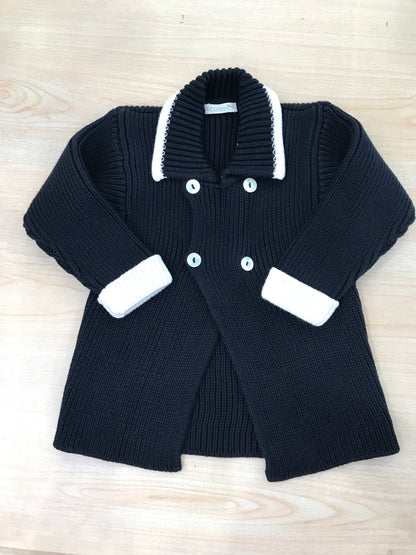 Cardigan Colibrì in filo di cotone blu scuro rifinito bianco con bottoncini sul davanti