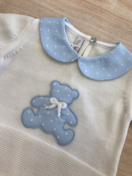Tutina Baby Lord in lana panna intera con colletto celeste e pois bianchi ed orsetto centrale