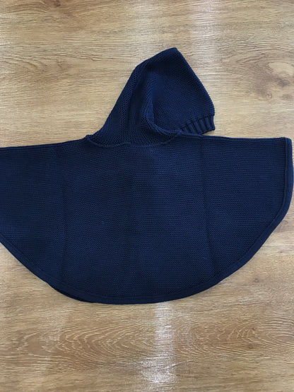 Mantella Baby Lord in lana blu scuro con cappuccio e fiocchetto sul davanti