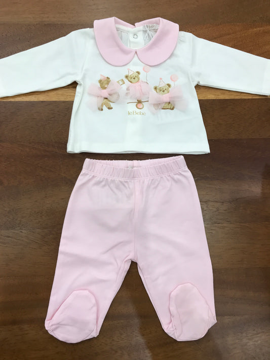 Tutina Le Bebè due pezzi in cotone bianco e rosa colletto rosa sul davanti tre delicati orsetti