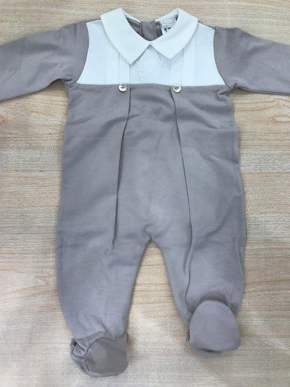 Tutina Coccodè in cotone tortora manica lunga con piedini corpetto in piquet bianco