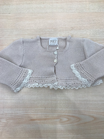 Cardigan Paz Rodriguez in filo tortora con rusche bianche in pizzo