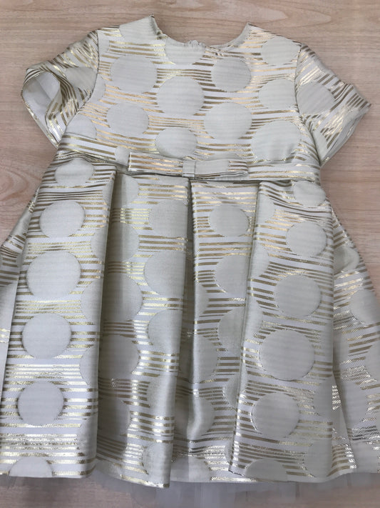Abito Cielo Blu in cotone mezza manica dal tono dorato a righe con pois beige con fiocchetto in vita