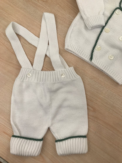 Completo Colibrì in filo di cotone salopette con profilo verde con cardigan doppio petto con profilo verde