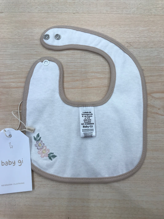 Bavetta Baby Gi in cotone rifinito in ciniglia rosa antico con fiore ricamato