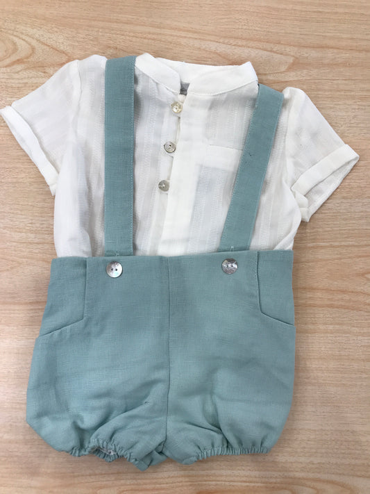 Completo  Martin Aranda in cotone salopette verde con bretelle con camicina bianca mezza manica con bottoncini