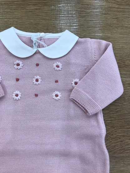 Tutina Baby Lord in lana intera rosa antico con fiorellini ricamati