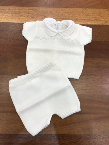 Completo Colibrì in filo bianco due pezzi mezza manica collo tondo lavorazione celeste centrale con pantalone corto