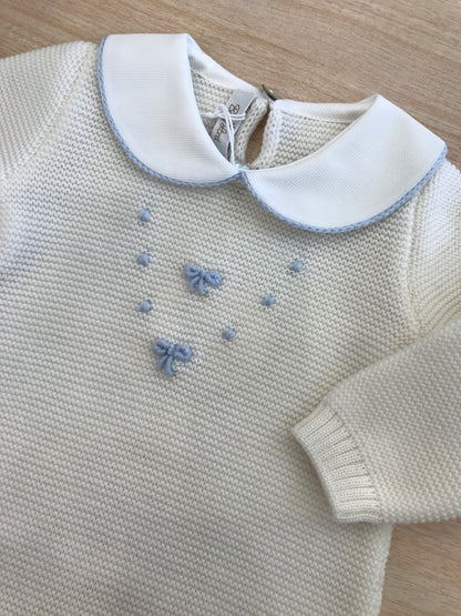 Tutina Baby Lord intera panna con nodi d'amore e pois celesti e colletto rifinito celeste