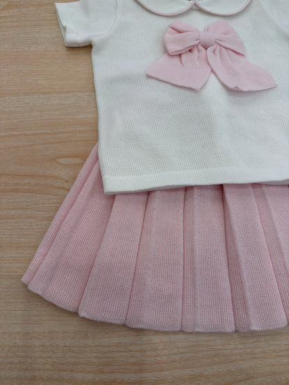 Completo Baby Lord in filo bianco mezza manica con fiocco centrale con gonna rosa plissettata