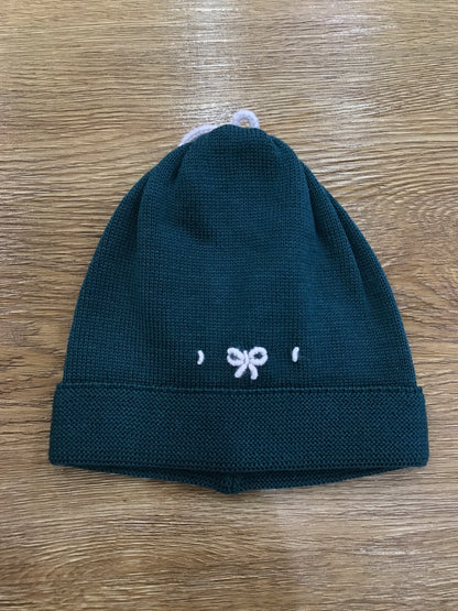 Cappello Baby Lord in lana verde con risvolto e fiocchetto tortora