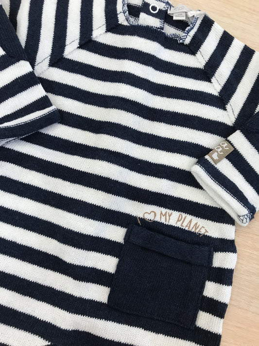 Tutina Nanan in filo manica lunga gamba lunga priva di colletto a righe blu e bianco con taschina in basso