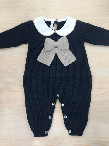 Tutina Baby Lord in lana a costa inglese blu scuro intera con fiocco tortora e colletto rifinito torortora