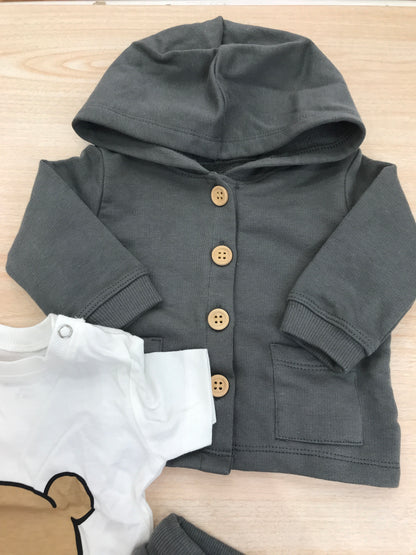 Tuta AVentiQuattrore in cotone grigio scuro tre pezzi t-shirt felpina e pantalone lungo con sacca abbinata decorato da orsetti