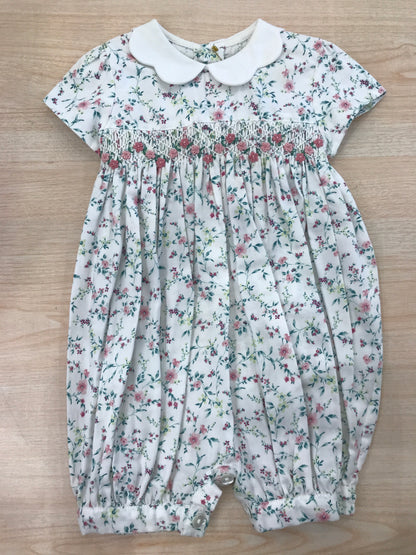 Pagliaccetto Les Enfants de Gisele in cotone fantasia floreale con lavorazione di punto smock e rose ricamate