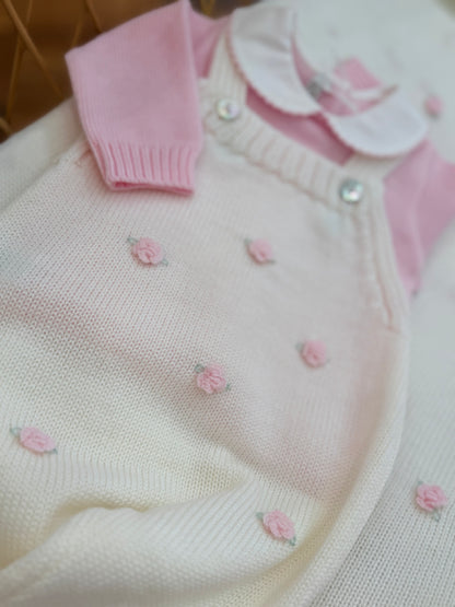 Coordinato nascita Baby Lord in pura lana con rossellina in rilievo con copertina  e salopette completo di cappello e babbucce