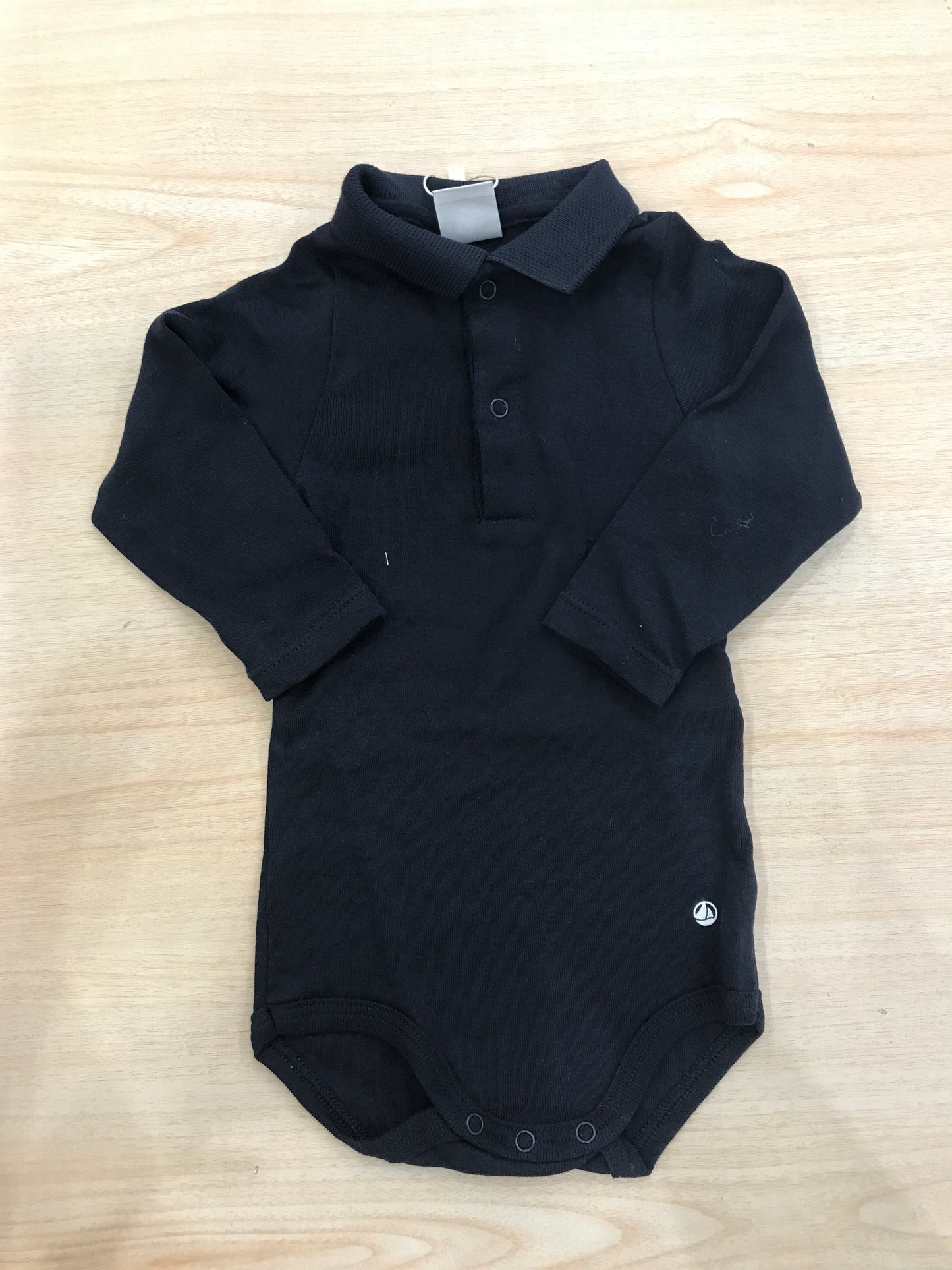 Body Petit Bateau in caldo cotone blu scuro manica lunga colletto polo con bottoncini