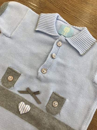 Pagliaccetto Floc Baby in filo celeste con rifiniture in grigio